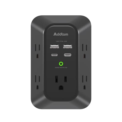 Addtam 1800J 3-Sided Power Strip with 5 Outlets & 4 USB Ports Surge Protector — Black