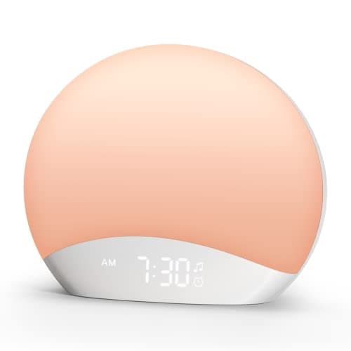 REACHER Wood Grain Sunrise Alarm Clock & Sound Machine, Digital Dimmable, 26 Sleep Sounds White Noise Machine — White