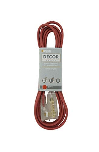 Woods Decor Series 8-Foot Fabric Braided Extension Cord, Lighted Ends, 3 Outlets, Right Angle Plug, 125V, Grey — Red