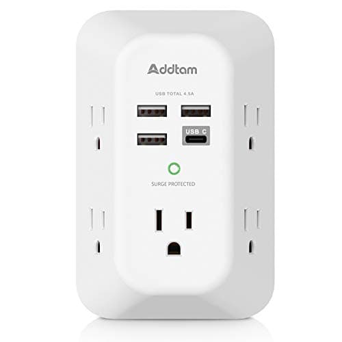 Addtam 1800J 3-Sided Power Strip with 5 Outlets & 4 USB Ports Surge Protector