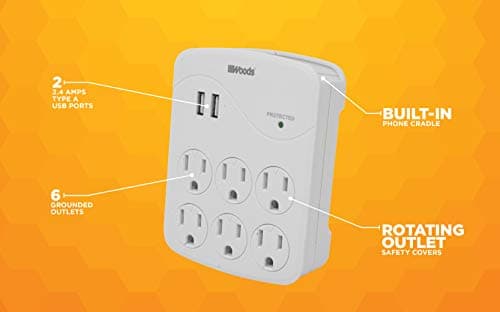 Surge Protector with 6 Outlets and 2 USB Ports, 1000J Protection