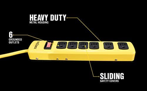 Woods WIRE Southwire Yellow Jacket 14/3 6-Outlet Heavy Duty Metal Strip 6' Cord Safety Covers