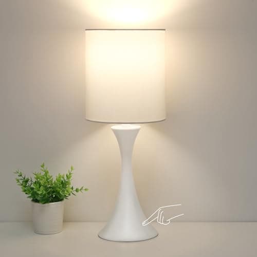 3 Way Dimmable Touch Control Wood Grain Farmhouse Bedside Lamp — White Base with White Shade