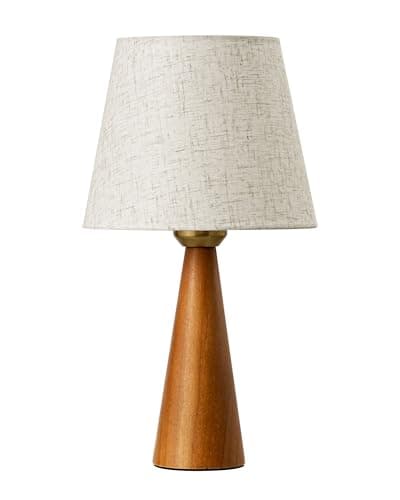 EDISHINE 13.58" Small Table Lamp, Beige Linen Shade, Dark Rosewood Base, Nursery Bedroom Lamp — Dark Wood Color