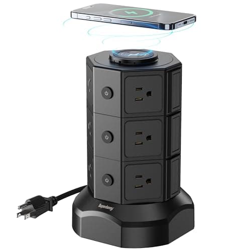 Power Strip Tower with Wireless Charger for Home Office — Black