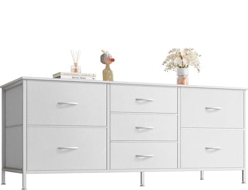 7-Drawer Dresser & 43-55 TV Stand, Wide Fabric Chest, Charcoal Grain — White