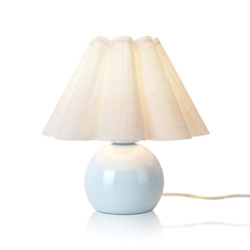 Cute Farmhouse Wood Grain Lamp, Vintage Style, Scalloped Shade — Light Blue