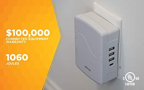 Surge Tap with 3 Grounded Outlets and 4 USB Ports, White