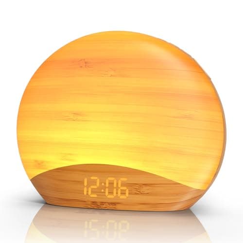 REACHER Wood Grain Sunrise Alarm Clock & Sound Machine, Digital Dimmable, 26 Sleep Sounds White Noise Machine — Wooden