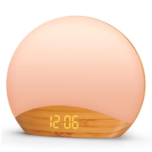 REACHER Wood Grain Sunrise Alarm Clock & Sound Machine, Digital Dimmable, 26 Sleep Sounds White Noise Machine