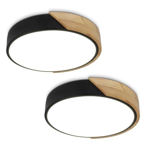 12 Inch 24W Wood Flush Mount Ceiling Light for Bedroom, Kitchen & Hallway, Natural White 4500K — 2 Pack-Black 3000K Warm White