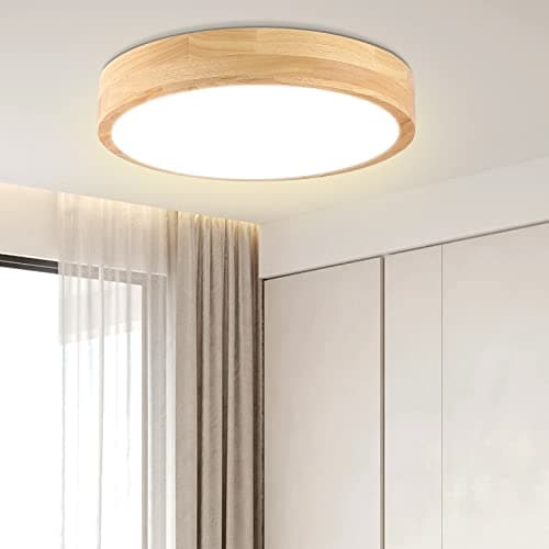 12 Inch 24W Wood Flush Mount Ceiling Light for Bedroom, Kitchen & Hallway, Natural White 4500K