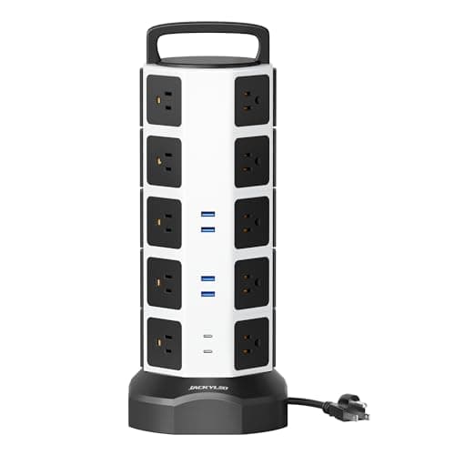 JACKYLED 1050J Surge Protector Tower, 20 AC Outlets, 6 USB Ports, Black Walnut — White Black