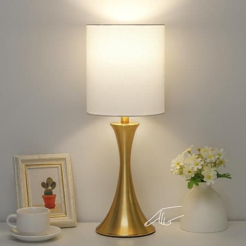 3 Way Dimmable Touch Control Wood Grain Farmhouse Bedside Lamp — Gold Base with White Shade