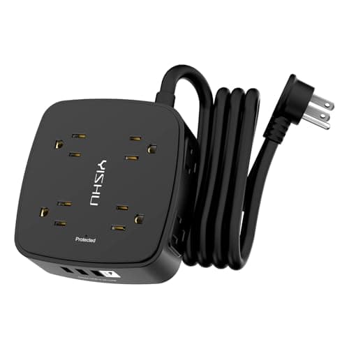 6 Ft Wall-Mount Surge Protector with 8 Outlets & 4 USB Ports, Extender Included, ETL Listed, White — Black