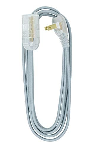Woods Decor Series 8-Foot Fabric Braided Extension Cord, Lighted Ends, 3 Outlets, Right Angle Plug, 125V, Grey