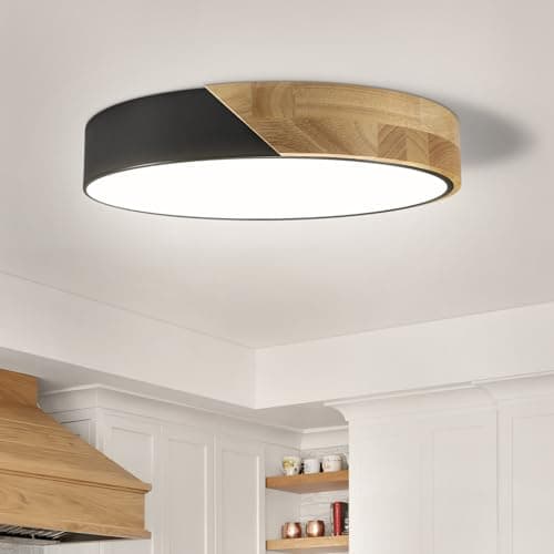 12 Inch 24W Wood Flush Mount Ceiling Light for Bedroom, Kitchen & Hallway, Natural White 4500K — Black 4500K Natural White