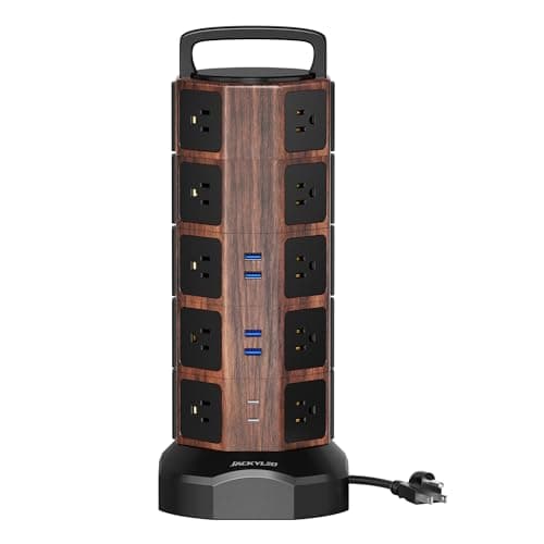 JACKYLED 1050J Surge Protector Tower, 20 AC Outlets, 6 USB Ports, Black Walnut