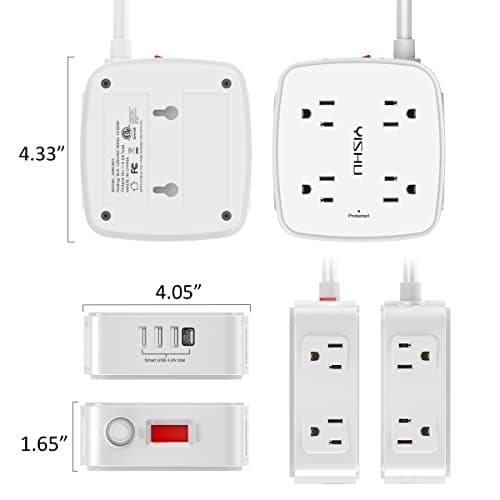 6 Ft Wall-Mount Surge Protector with 8 Outlets & 4 USB Ports, Extender Included, ETL Listed, White