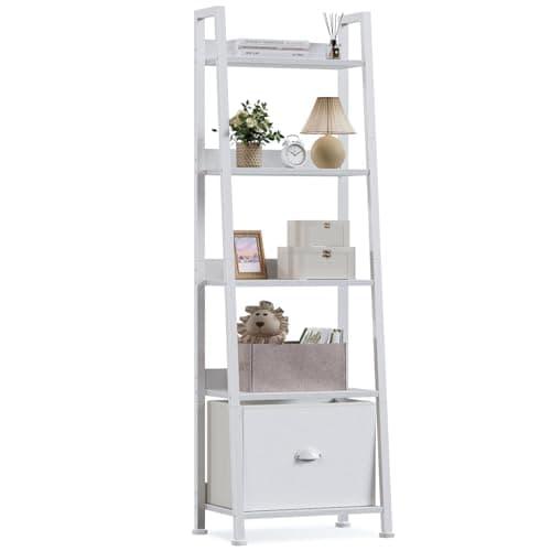 Furologee Rustic 5-Tier Ladder Shelf, Wood & Metal Storage Organizer — White