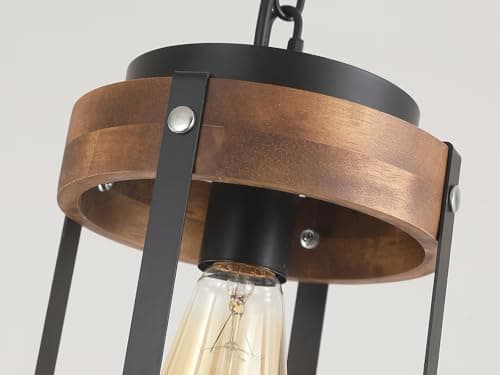 Rustic Oak Wood and Metal Pendant Light for Kitchen Island Sink Hallway, Black