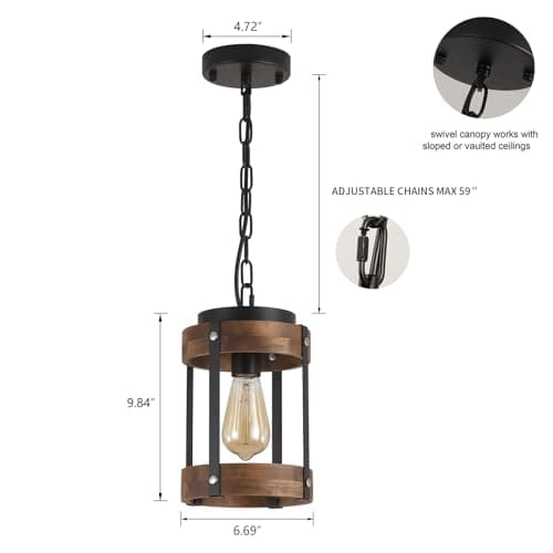 Rustic Oak Wood and Metal Pendant Light for Kitchen Island Sink Hallway, Black
