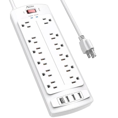 ALESTOR 12-Outlet Surge Protector with 4 USB Ports, 6 Feet Black Extension Cord — White