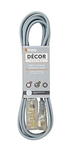 Woods Decor Series 8-Foot Fabric Braided Extension Cord, Lighted Ends, 3 Outlets, Right Angle Plug, 125V, Grey