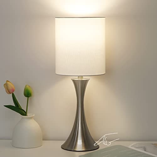 3 Way Dimmable Touch Control Wood Grain Farmhouse Bedside Lamp — Silver Base with White Shade