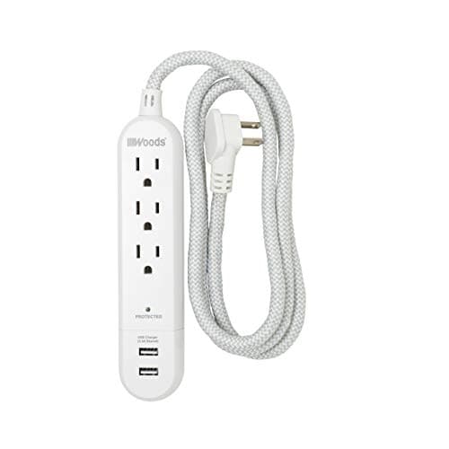Woods 250 Joules Surge Protector, 3-Outlet, 2.4A USB, White