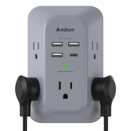 Addtam 1800J 3-Sided Power Strip with 5 Outlets & 4 USB Ports Surge Protector — Gray