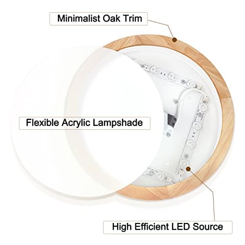 12 Inch 24W Wood Flush Mount Ceiling Light for Bedroom, Kitchen & Hallway, Natural White 4500K