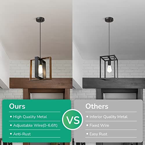 EDISHINE Farmhouse Pendant Light, Rustic Wood Grain & Black Finish, Adjustable Cord Kitchen Island Dining Room Hallway