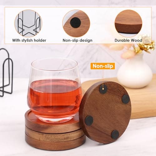 4 Pcs Absorbent Wooden Coasters with Holder for Table Protection