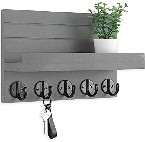 Paulownia Wood Wall Key Holder with Shelf and Hooks — Gray