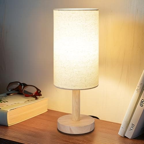 Linen Shade Small Table Lamp for Bedroom and Desk LED Included (Wood Base)
