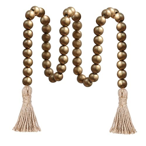 Meplait Natural Wood Bead Garland with Tassels, Boho Farmhouse Wall Hanging — Gold