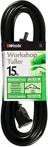 Black 15ft 16 Gauge Woods Light Duty Extension Cord SJTW