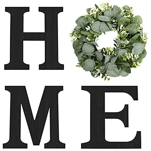 Black Wood Home Sign with Artificial Eucalyptus Wreath for Wall Decor
