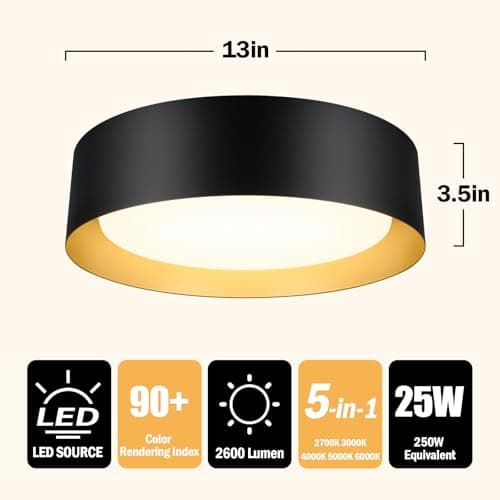 13in 250W Equivalent Dimmable 3CCT Adjustable LED Flush Mount Ceiling Light, Black & Wood
