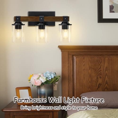 3-Light Rustic Wood Farmhouse Vanity Light with Industrial Black Sconces and Bubble Glass Shade