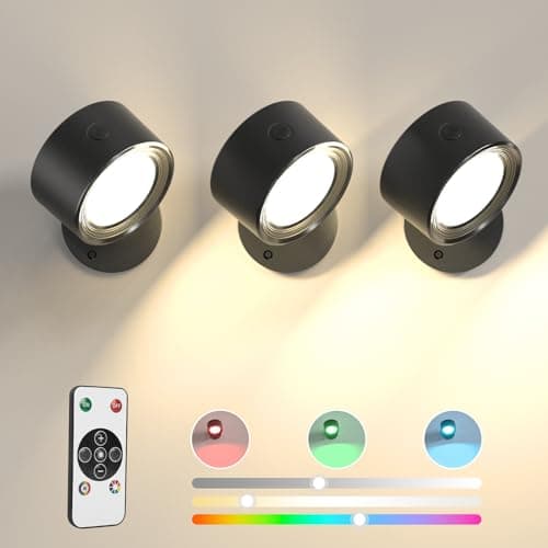Rechargeable 3-Pc LED Wall Sconces with Remote Control & Dimming — Black-Colorful Light