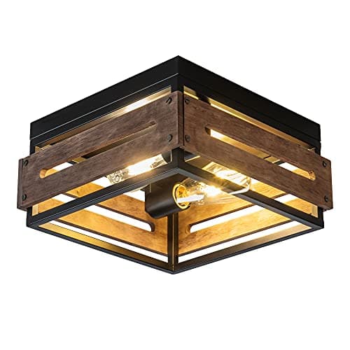 Rustic 2-Light Ceiling Fixture, Farmhouse Flush Mount for Living Room — Brown