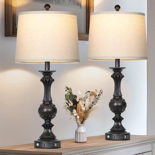 27" Rustic Farmhouse Dimmable Touch Table Lamp Set of 2 with USB Ports — Black