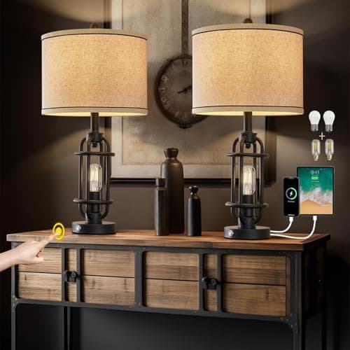 23.75" Industrial Black Metal Living Room Table Lamp Set of 2 Bedside Touch Lamps with USB