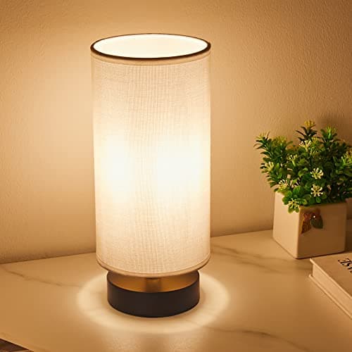 Fabric Wooden Table Lamp, Cylinder Black Base, Bedside & Desk Lamp — White