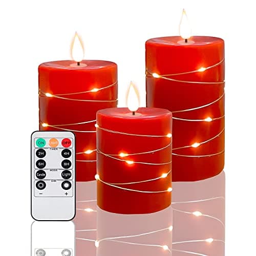 Niceme Real Wax Flameless Pine Bark Candles Set of 3 with Remote Timer — Red