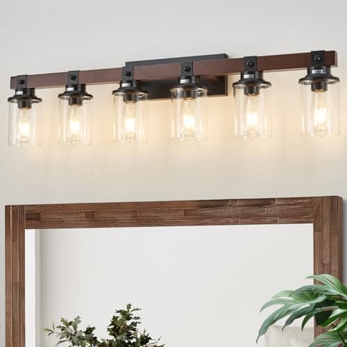 Rustic Farmhouse Wood Vanity Light, Handmade Bamboo Woven Basket Shade — Black & Wooden