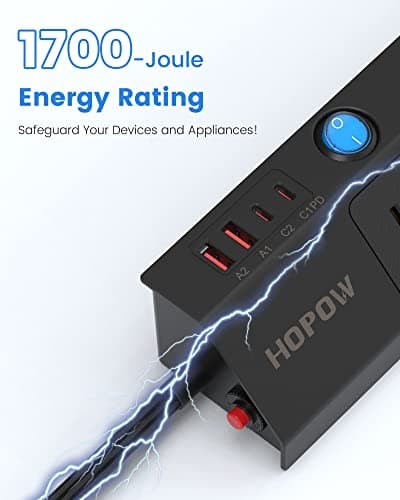 Flat Plug Power Strip with Individual Switches, 5-Outlet Surge Protector with 2 USB-C (20W PD) & 2 USB-A, 1700 Joules, Wall Mount for Home Office, Black