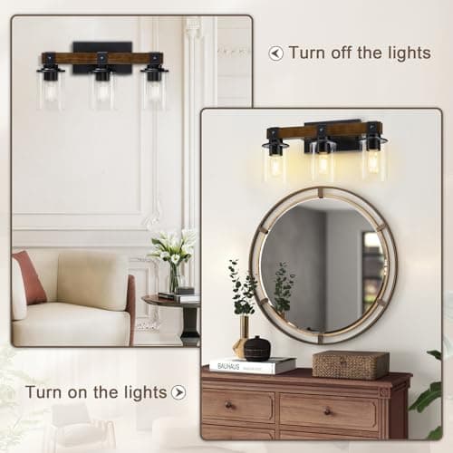 3-Light Rustic Wood Farmhouse Vanity Light with Industrial Black Sconces and Bubble Glass Shade